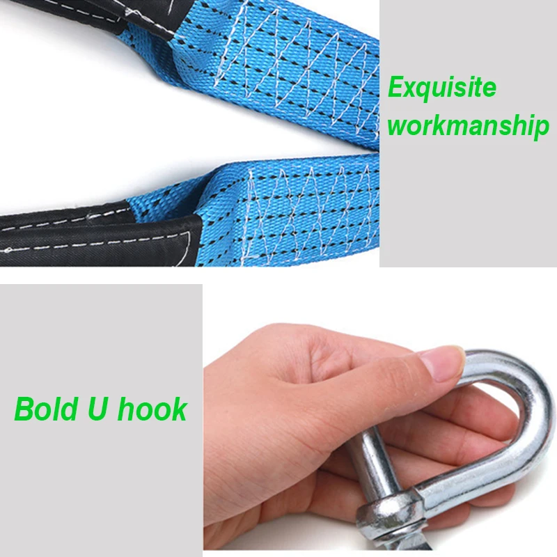 Car Towing Rope 8Tons Car Towing Rope Strape Cable With U Hooks Shackle High Strength Nylon With Reflective Light For Car Truck Trailer SUV