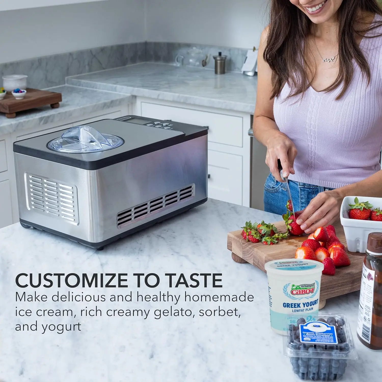 Automatic 2 Quart Capacity Stainless Steel Bowl & Yogurt Function, Built-in Compressor, no pre-freezing, LCD