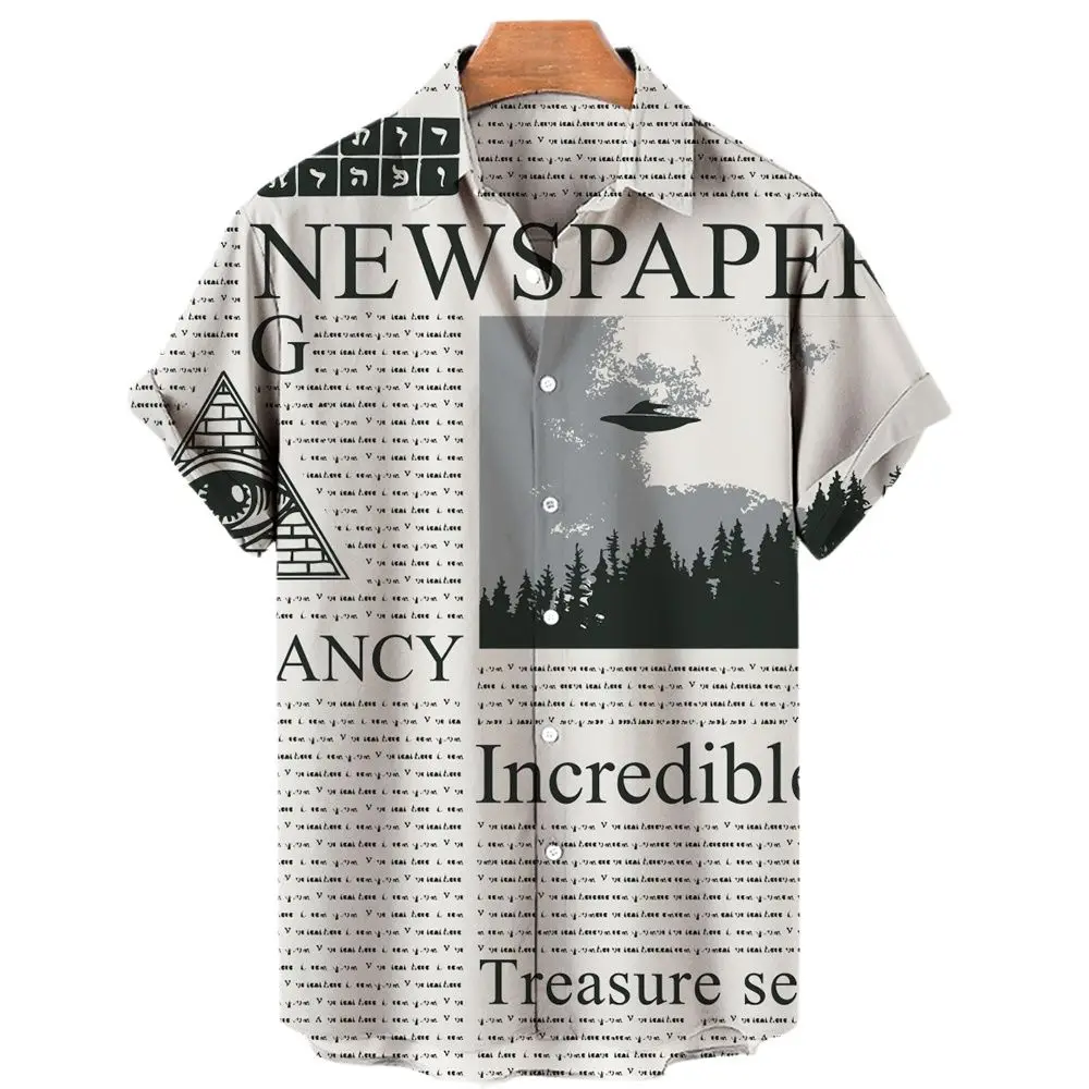 2023 Men's Vintage News Newspaper 3d Printed Lapel Hawaiian Shirt Casual Short Sleeve Men's Hip Hop Shirt 2