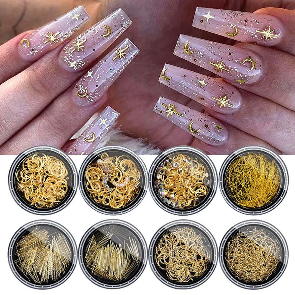 Star Lines Mixed Size Nail Strass Moon Nail Jewelry Nail Metal Stud 3D Nail Decorations Nail Glitter Flakes