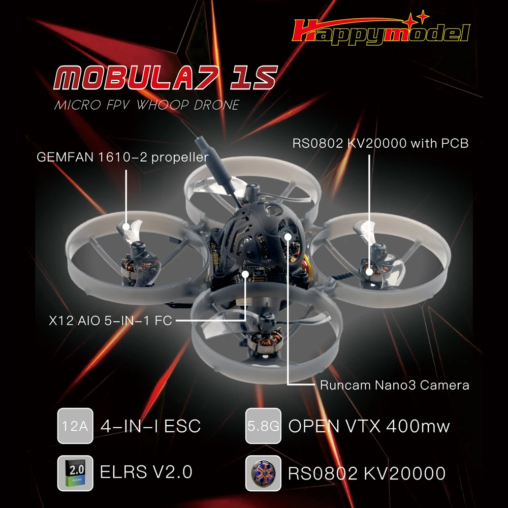 Happymodel Mobula7 1s X12 5in1 Aio Flight Controller Blhelis 12a Openvtx  400mw Runcam Nano3 Rs0802 Kv20000 1s 75mm Fpv Tinywhoop - Parts \u0026 Accs -  AliExpress