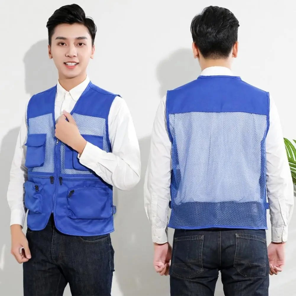 

Cargo Vest Coat Breathable Mesh Zipper Placket Cargo Vest Multi-pocket Work Waistcoat for Men Solid Color V-neck Outdoor