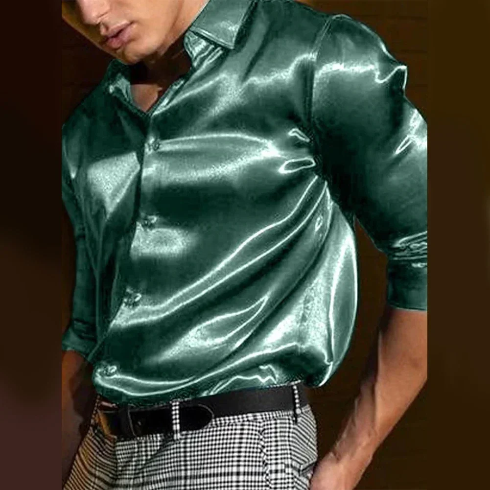 Camicia Da Uomo In Raso Lucido Effetto Seta - Maniche Lunghe, Vestibilità Regolare, Per Matrimoni E Feste (Nero) - 2