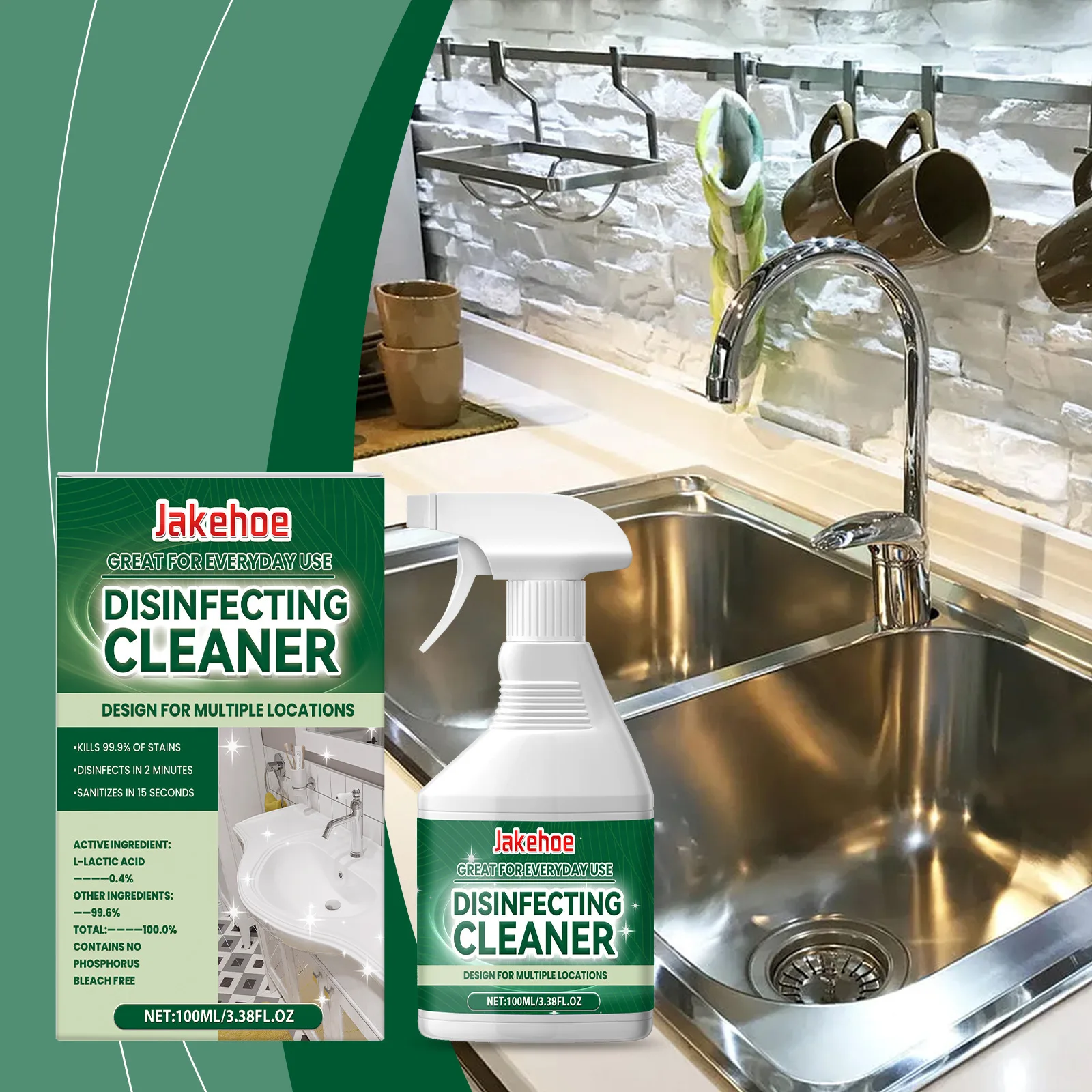 Flacon de spray désinfectant mains multi-surfaces vu de côté, étiquette détaillant les surfaces traitées.