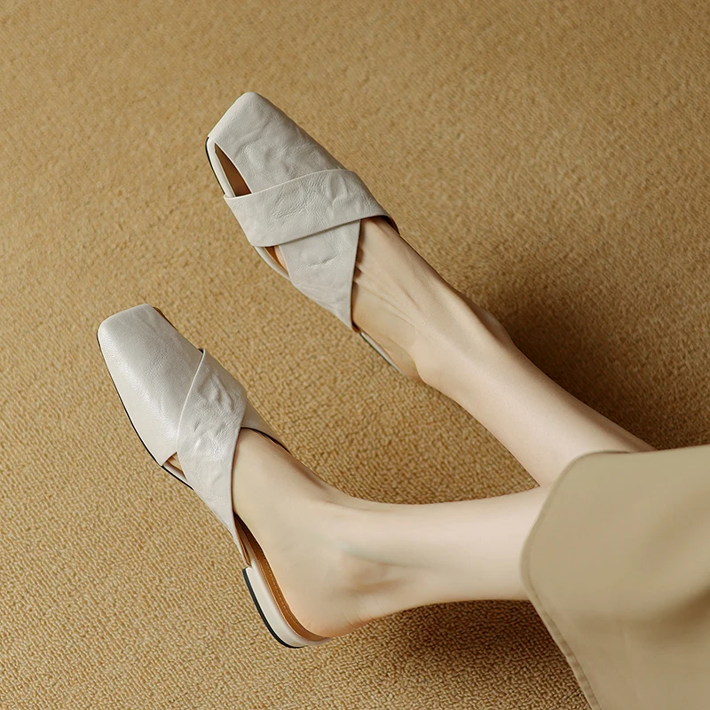 Genuine Leather Women Slippers Fashion Elegant Office Slip on Flat Shoes Ladies Mature Summer Beach Shoes Women Pumps 2024 New
