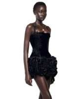 Black Red Women Sexy Strapless Laced-up Tops 2 Pieces Florals Bodycon Mini Bandage Dress Celebrate Nightclub Party Stage Wear - Image 2