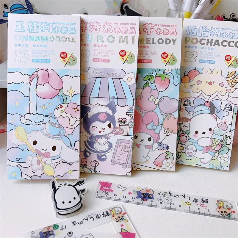 

Kawaii Sanrio Anime Kuromi Cinnamoroll Students Watercolour My Melody Pachacco Cute Cartoon Drawing Book Gift for Kids