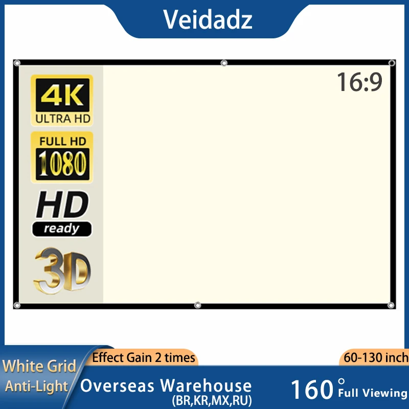 Veidadz Tela do Projetor Grade Branca Anti-luz 160 ° Ângulo de Visão 60 72 84 100 120 130 Polegadas Borda Preta Tela Reflexiva de Gancho de Metal
