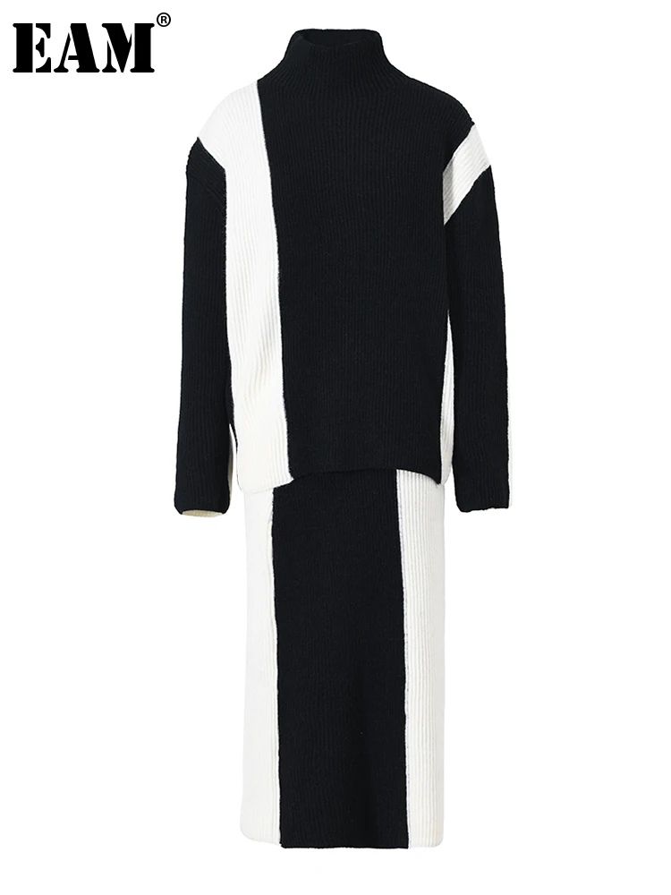 

[EAM] Half-body Skirt Black Knitting Sweater Big Size Two Pieces Suit Turtleneck Women Fashion Autumn Winter 2024 1DF262601