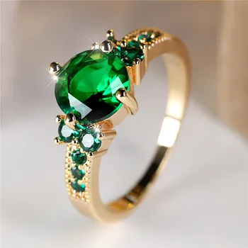 Cute Female Purple Green Round Zircon Stone Engagement Ring Yellow Gold Color Wedding Jewelry For Women