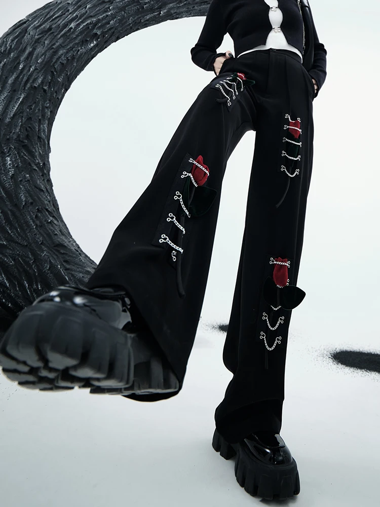 

New Spring Autumn Streetwear Harajuku Punk Gothic Hot Girl Black Splicing Denim Pants Fashion High Waist Slim Pants