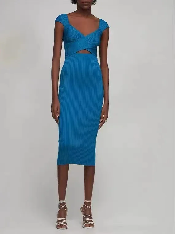 

Women Criss-Cross V-Neck Hollow Out Slim Knitted Midi Dress