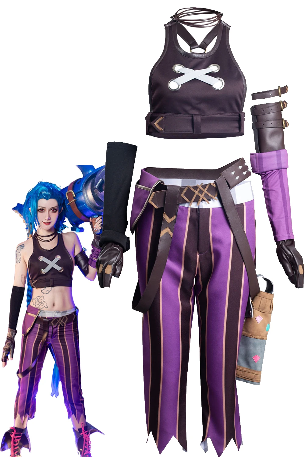 

Jinx Cosplay Costume Anime Game LoL Women Tube Top Pant Outfits Halloween Party Clothes For Ladies Role Play Fashion New