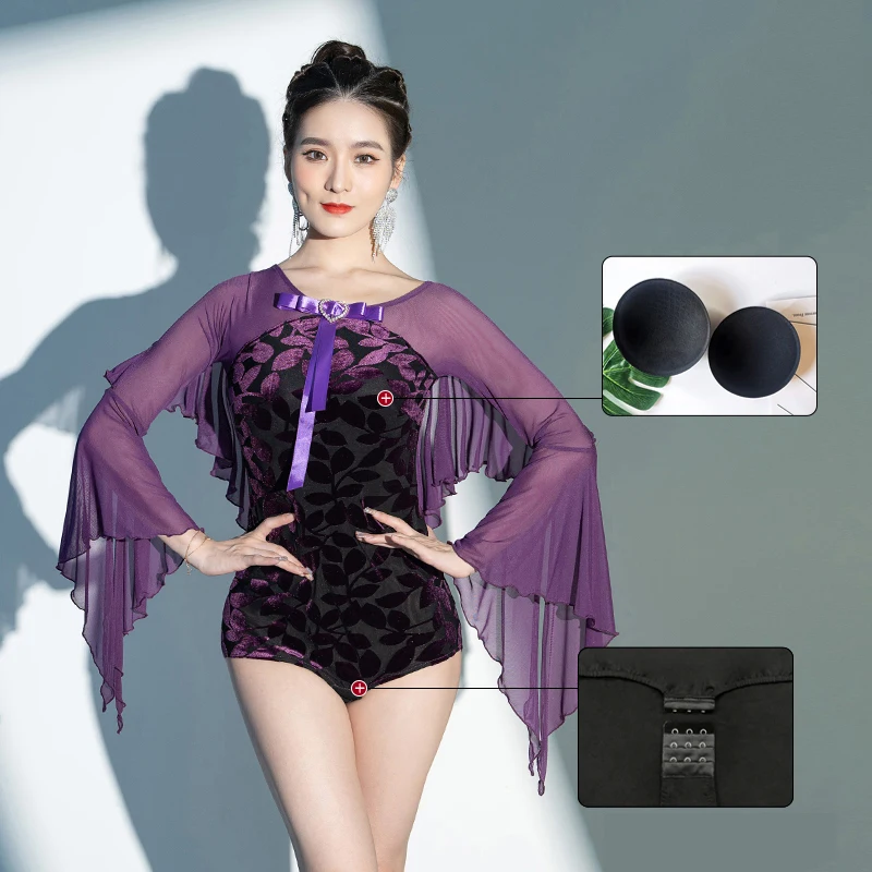 

Female Flare Sleeve Ballroom Dance Tops Purple/Black Velvet Printing Waltz Dance Clothes Standard Tang Dance Costume VDB5981