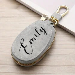 Custom Name Text Keychain with Zipper PU Leather Key Holder - Perfect Gift (GRAY)