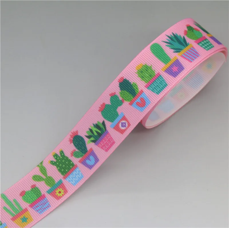 DHK 50yards Cactus Leaf Printed Grosgrain Ribbon Accessories Headwear Decoration Collar DIY Sewing Craft S2557