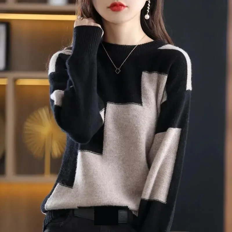 Sweater Women New O-Neck Color Matching Short Warm Pullover Long Sleeved Knitted Sweater Bottom Shirt Female Tops Women Clothing
