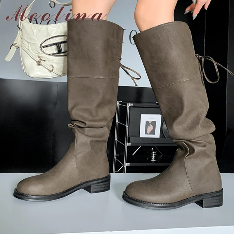 

Meotina Women Genuine Leather Over-the-Knee Boots Round Toe Chunky Mid Heels Long Boots Ladies Fashion Shoes Autumn Winter Black