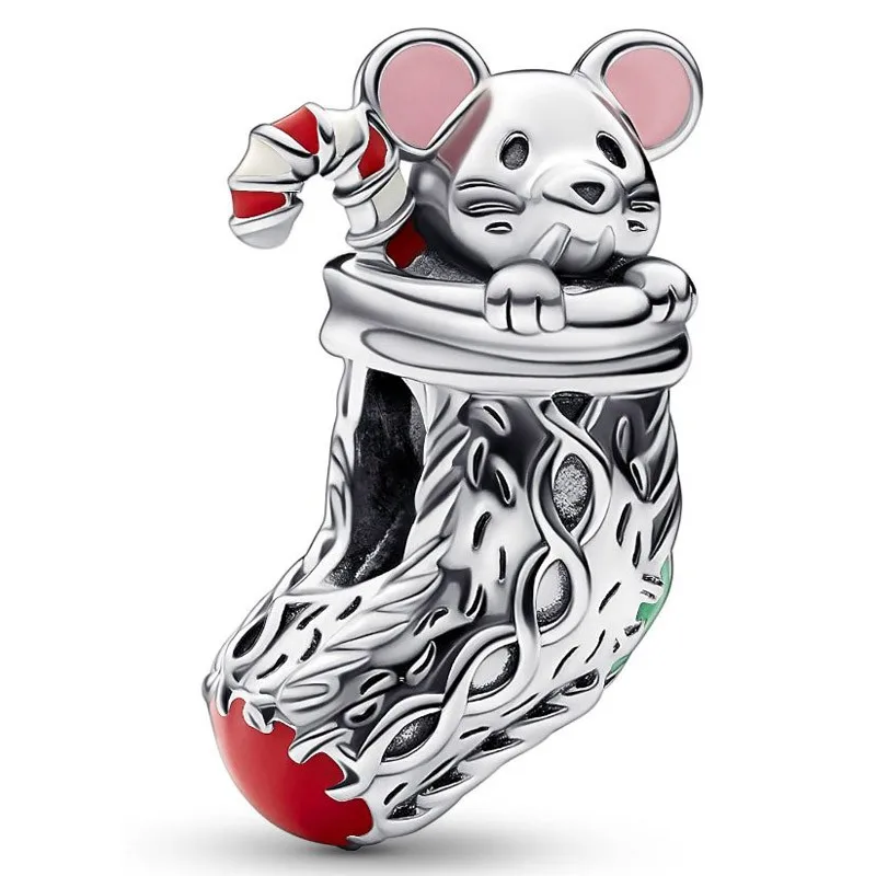 

Original Moments Festive Mouse & Stocking Bead Charm Fit Pandora 925 Sterling Silver Bracelet Bangle Diy Jewelry