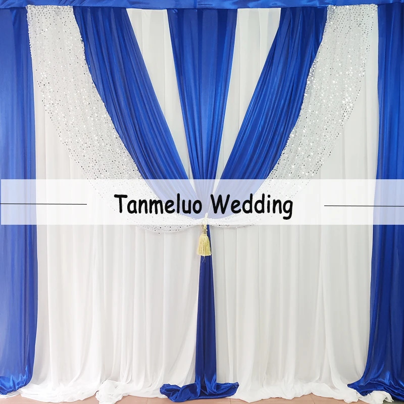 

10x20ft White Ice Silk Wedding Backdrop Curtain With Royal Blue Drape Valance Stage Backdrops Background For Party Event Decor