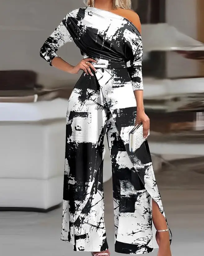 Women Party Jumpsuit Ruched Cold Shoulder Split Hem Wide Leg Romper 2024 Spring Summer Latest Elegant Sexy Long Sleeve Bodysuit