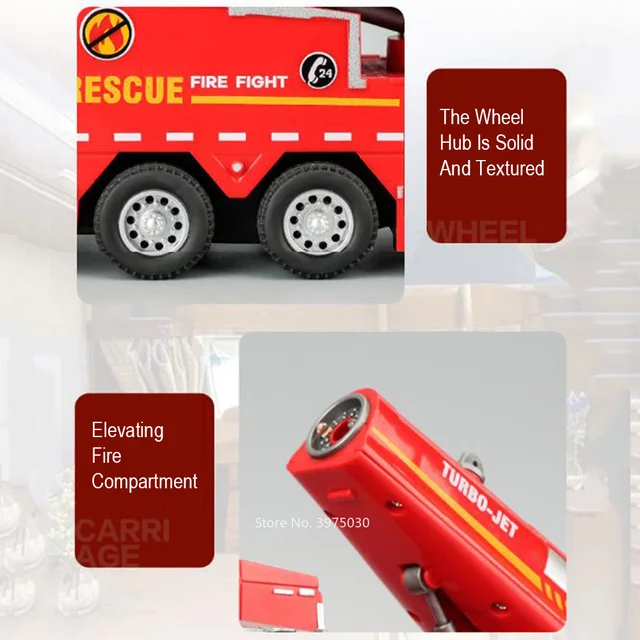 1/32 Spray Fire Engineering Truck Car Toy Model Alloy Diecast Doors Opened Sound Light Rubber Tires Vehicle Collection Kid Gift 4