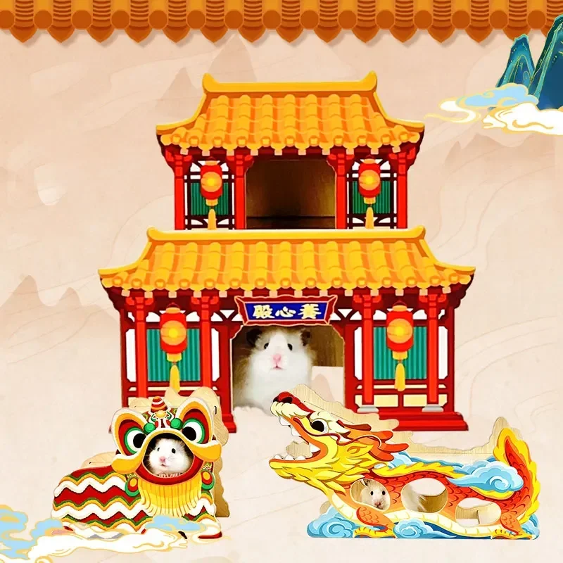 

Pet Hamster Wooden House Cute Painted Chinese Style Escape Shelter House Wooden House Guinea Pig Hamster Landscape Nest Supplies