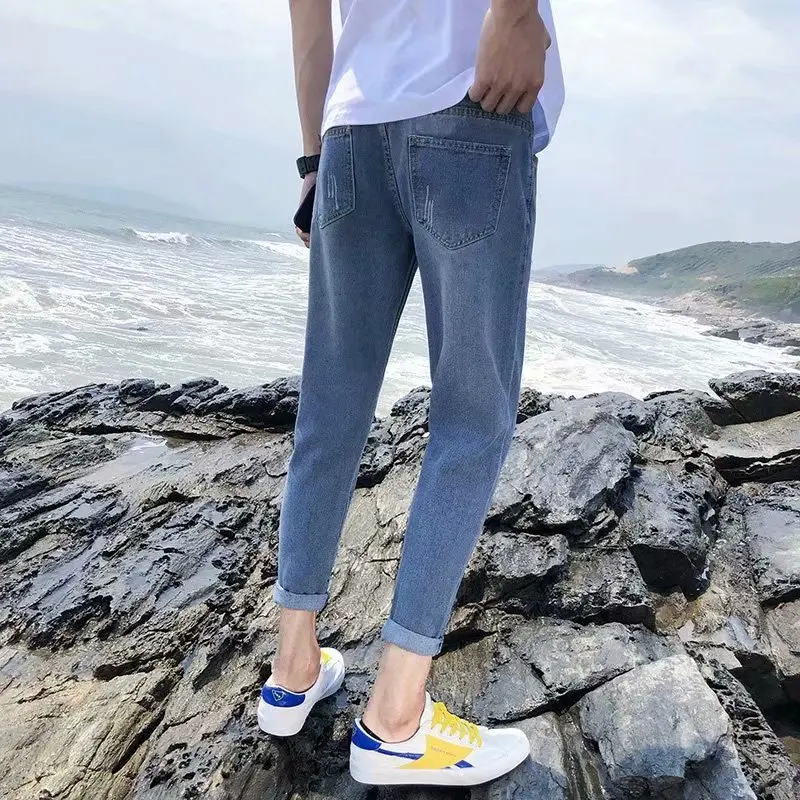 Spring Summer 2022 Fashion Casual New Style Slim Ripped Hole Jeans Male Students Korean Trend Daddy Wide-legged Feet Ankle Pants