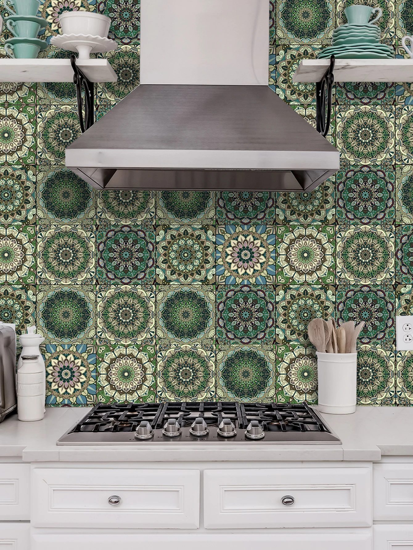 Kitchen Wall Sticker Green Mandala Style Thickened Moisture-proof Waterproof Background Beautification Decorative 1 roll