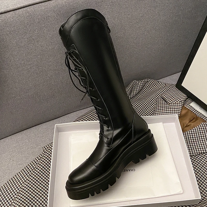 Flat Chunky Heel Rubber Sole Cross Lace Up Knee Boots Back Zipper Heightened Soft Leather Street Fashion Women's Boots