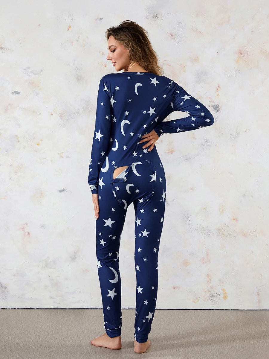 Women's 1Piece Star Print Sexy Butt Button Back Flap Lounge Pajamas Jumpsuit Sleepwear Romper Oversized Homewear women jumpsuit,women bodysuit sleep wear set