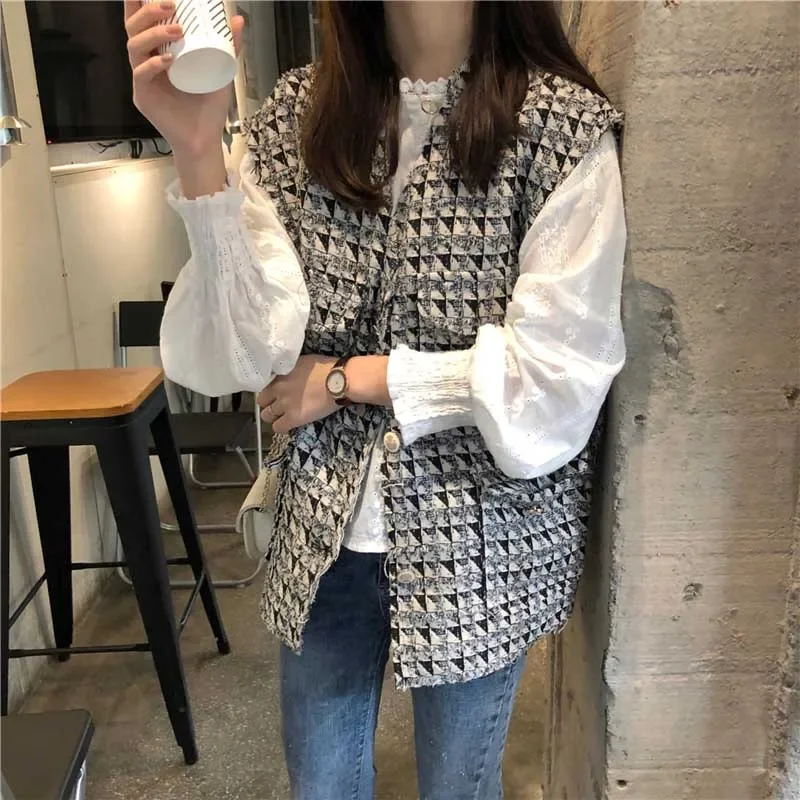 Autumn Set Women Tweed Grid Vest Jacket + Long Sleeve Soild V-Neck Shirt Female Fashion Elgant Suit Girl Tops Casual Streetwear