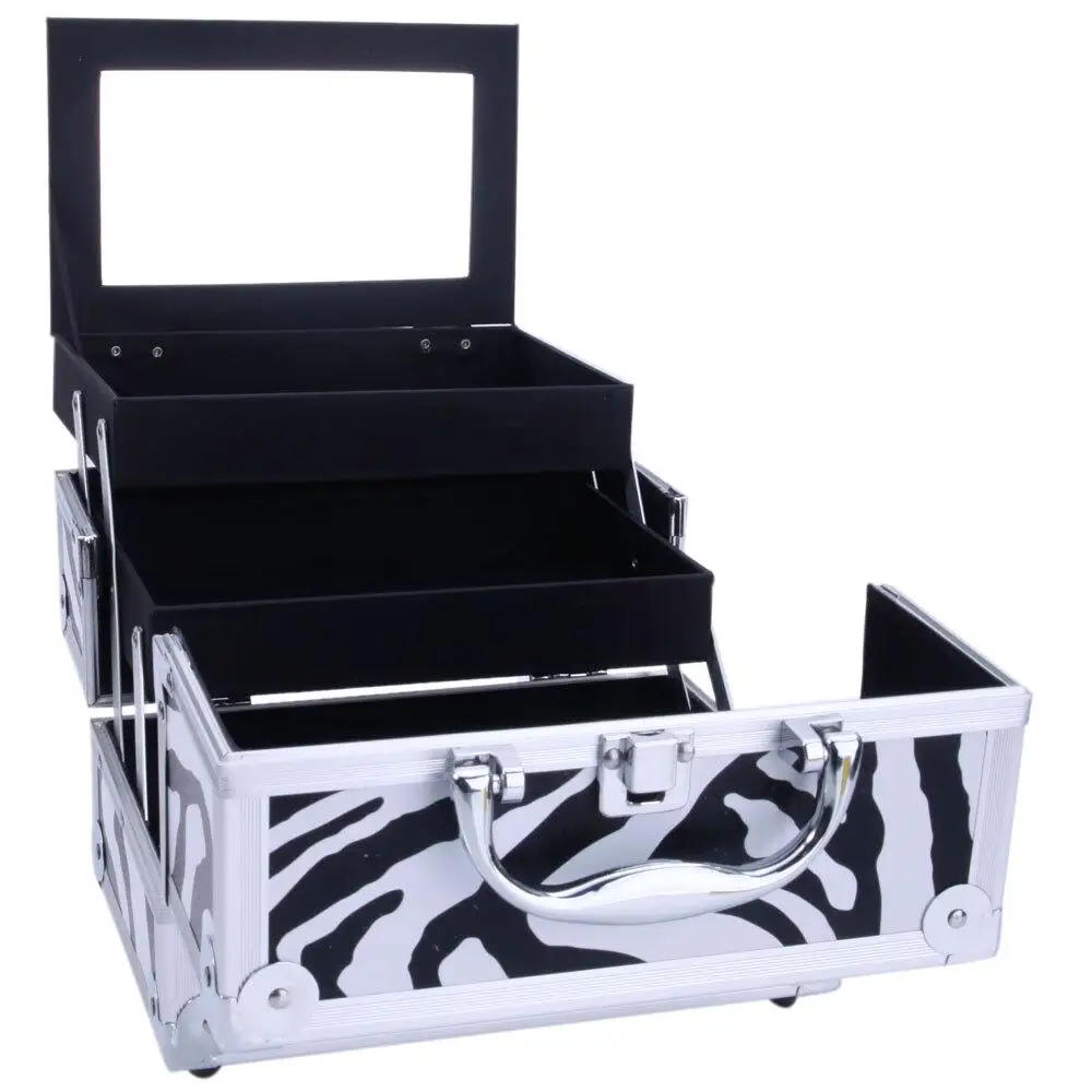 SM-2176  Zebra Aluminum Makeup Train Case Jewelry Box Cosmetic Organizer with Mirror - 9x6x6 4