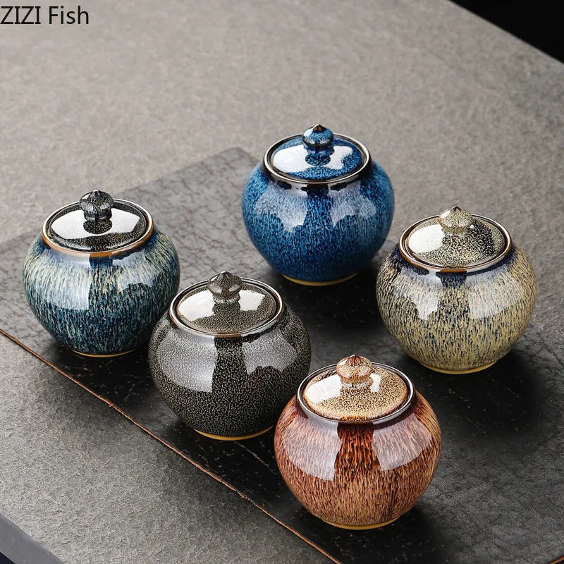 Painted Texture Tea Canister Sealed Ceramic Tea Caddy Storage Jar with Lid Coffee Table Desk Decoration General Jar Candy Can Tea Tin Box Tea Canister Ceramic Storage Jar