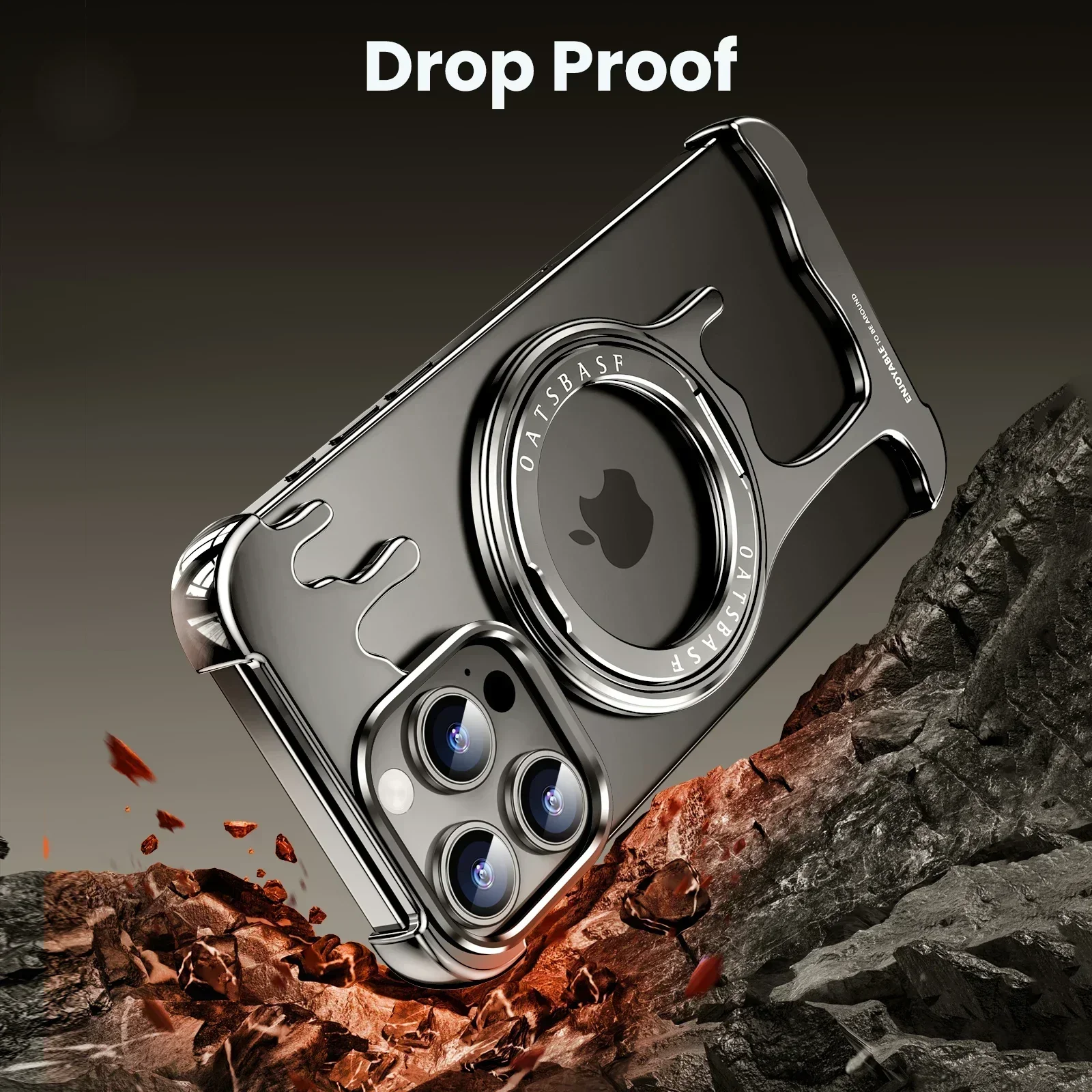 Eary Frameless Metal Bumper Case for iPhone 16/15/14/13 Pro Max with MagSafe 360°Rotatable Magnetic Kickstand Shockproof Cover