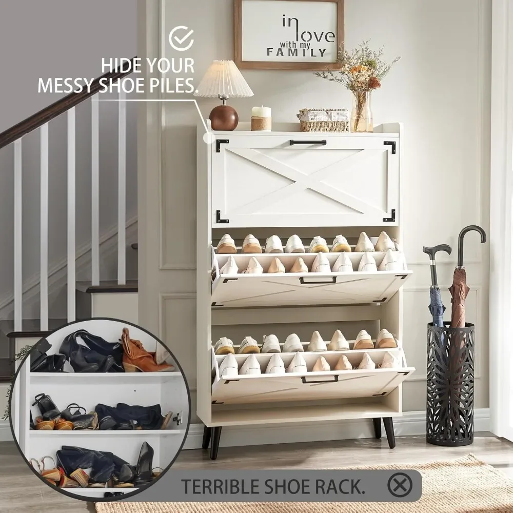 Shoe Cabinet, Freestanding Hidden Shoes Organizer with 3 Flip Drawers & Barn Door Design, for Entryway,Foyer,Hallway, Shoe Rack 4