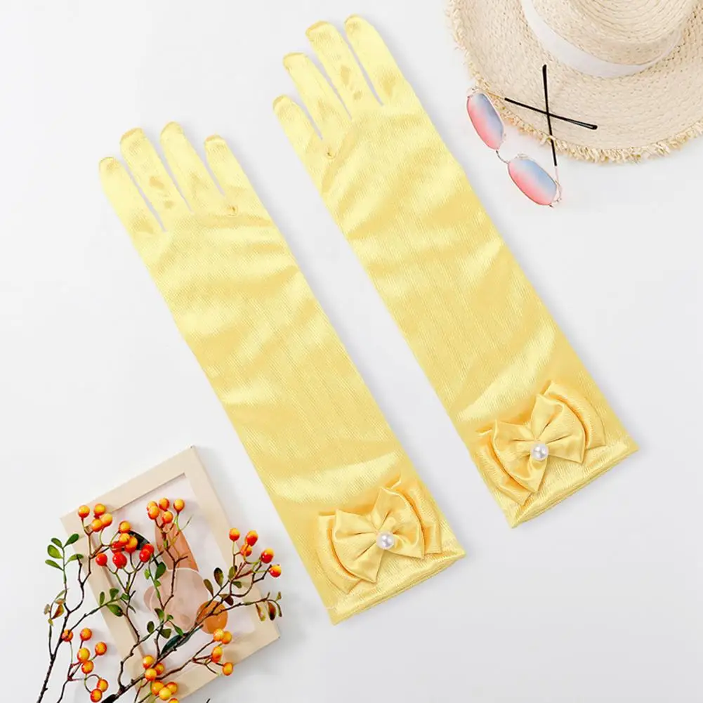 

Flower Girl Gloves Girls Princess Style Cosplay Gloves with Faux Pearl Bow Decor Full Fingers Satin Flower Children for Dress