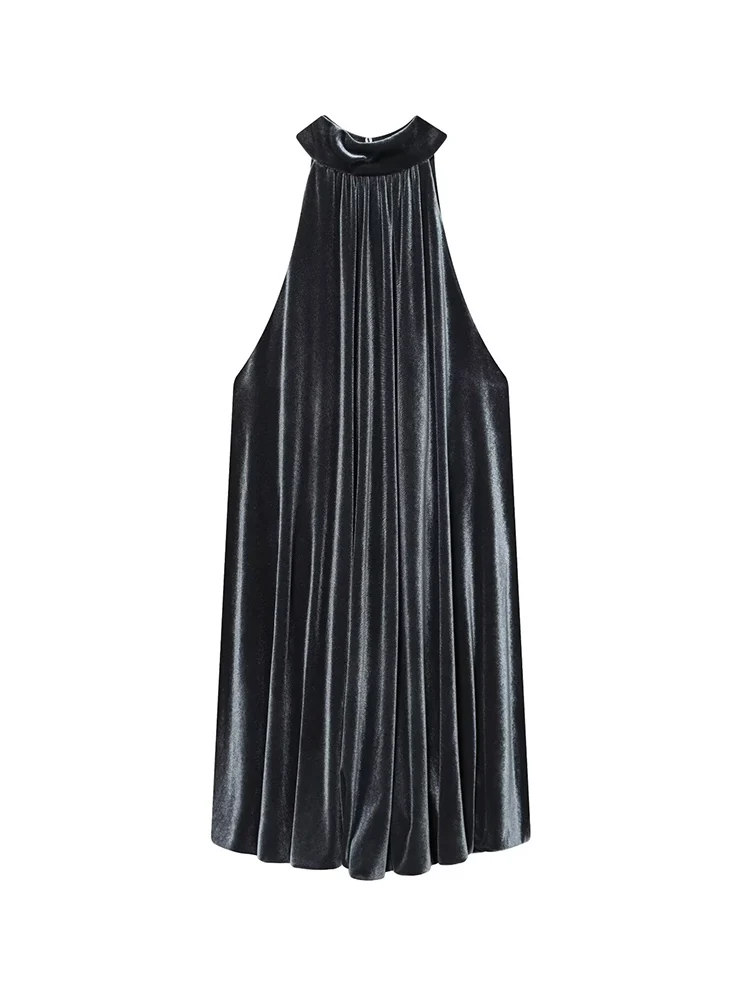 2026 New Women Velvet Halter Short Dresses Sleeveless Ruched Mini Dress Fashion Casual Elegant Party Dresses Solid Female