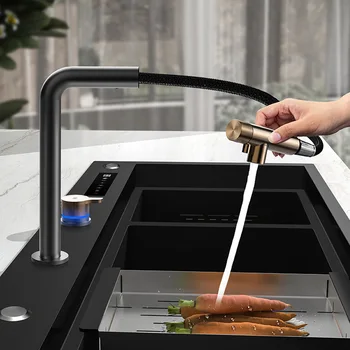 ก๊อกน้ําห้องครัวสแตนเลส 304 พร้อมเครื่องพ่นสารเคมีแบบดึงลงและช่องจ่ายน้ําบริสุทธิ์ 2