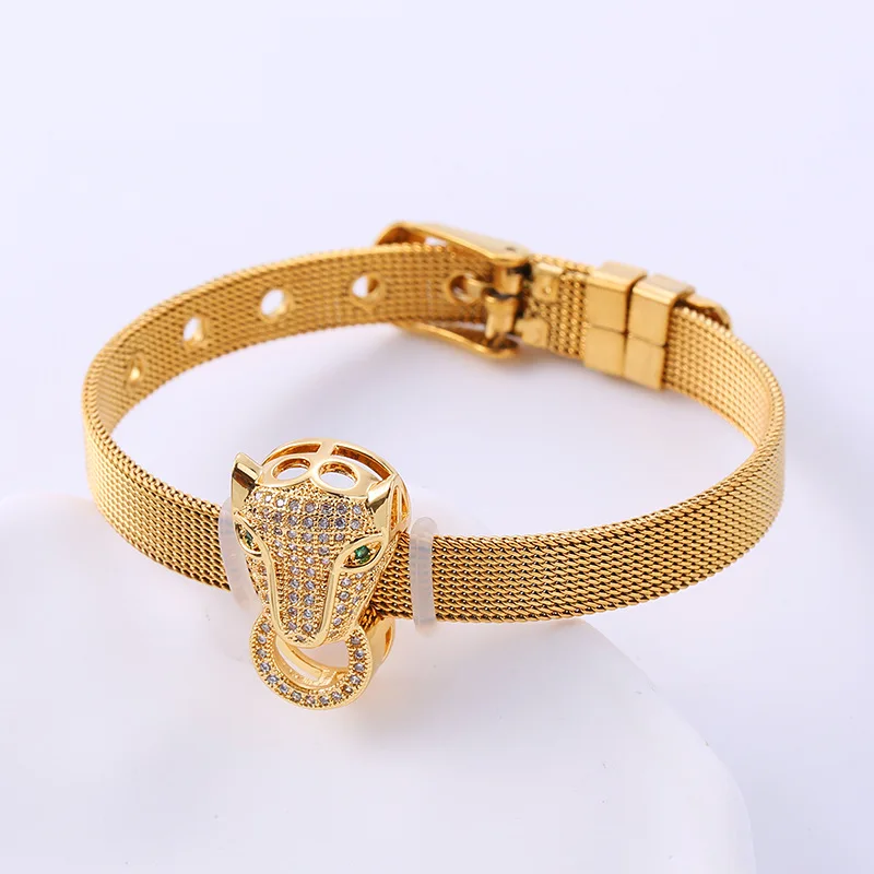 

Vintage Fashion Leopard Head Chain Bracelets With Cubic Zirconia Personality Gold-plated Stainless Steel Men Jewelry for Women