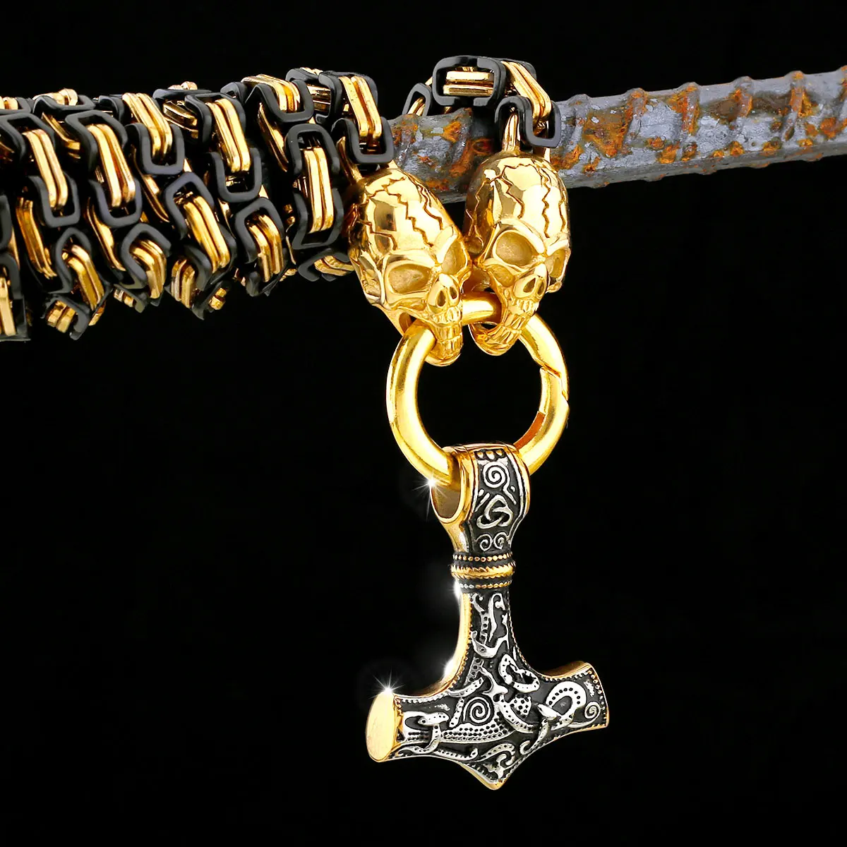 

Vintage Viking Thor's Hammer Skull Necklace Nordic Fashion Stainless Steel Odin Valknut Jewelry Pendant Gift High Quality