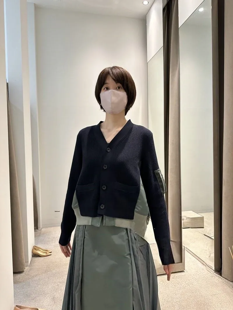 FOG SACAI Japanese Sle Spliced Long Sve Knitted Sweater Cardigan Women's Faion Autumn Winter V-ne Polyester Fiber