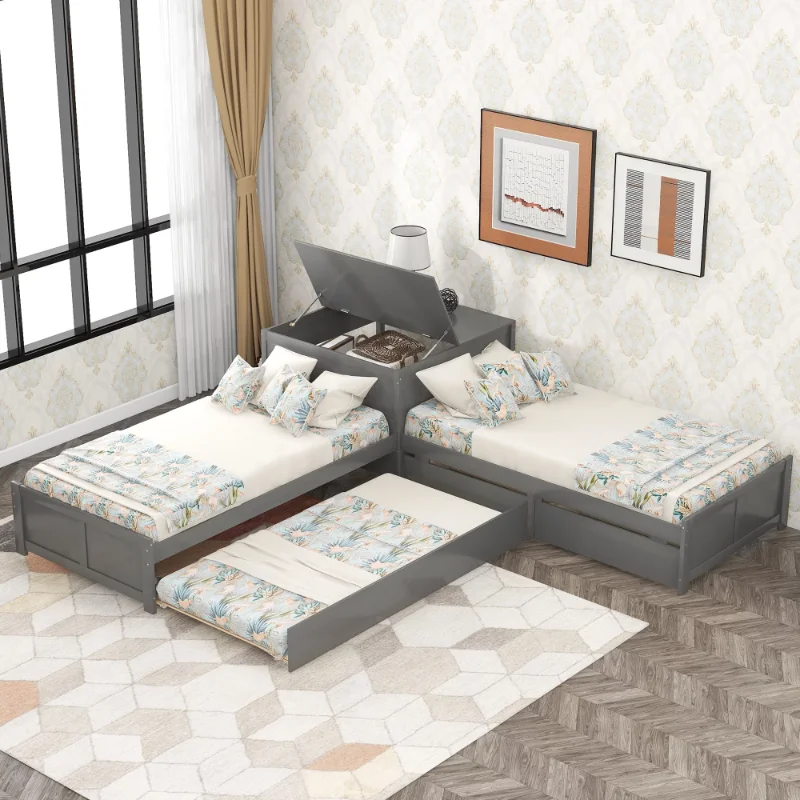 

EUROCO Kids Pine Wood L-Shaped Twin Platform Bed with Square Table, Gray kids bed baby furniture
