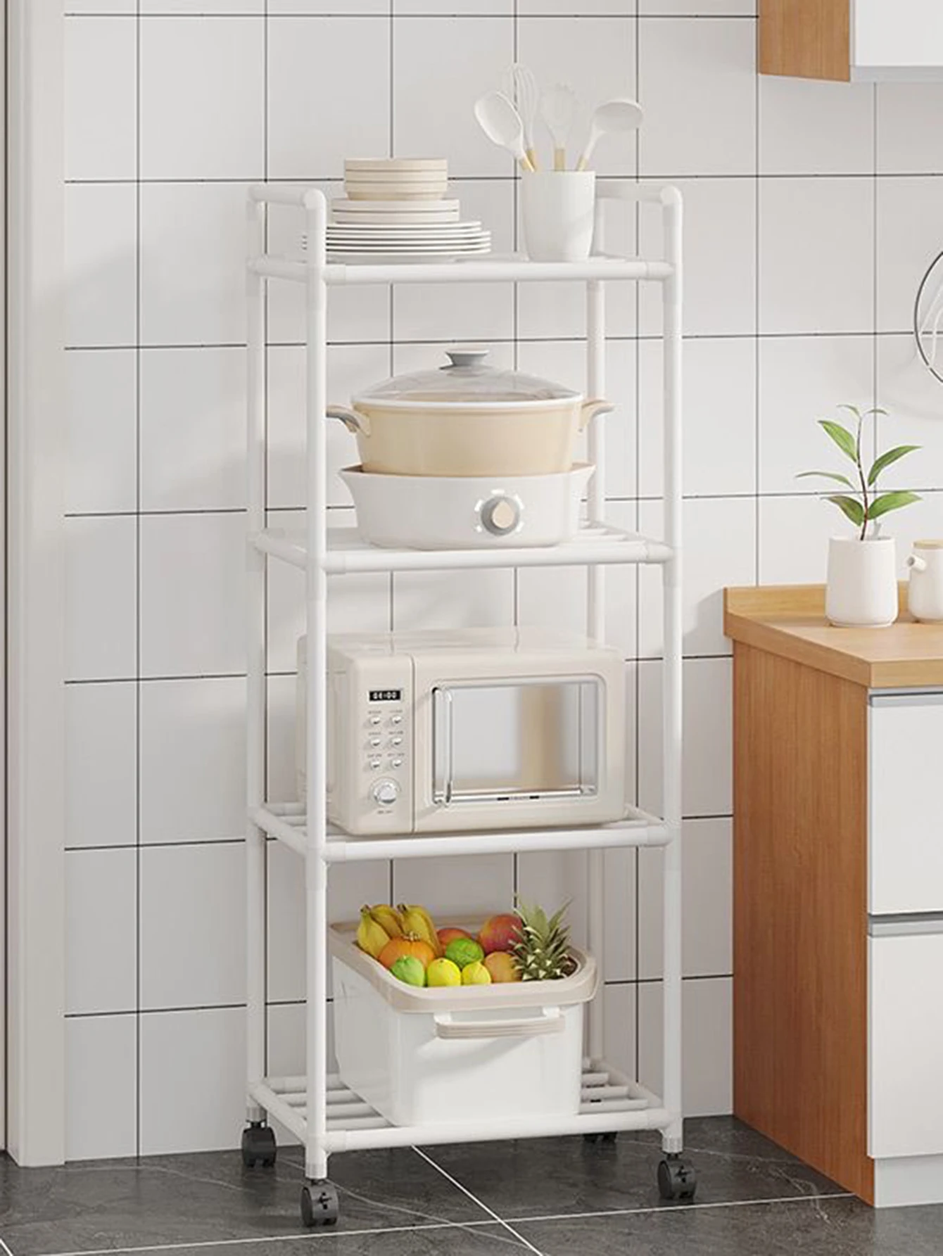 Kitchen Storage Rack 6/5/4/3 Layers Storage Shelves Microwave Racks Pulleys Floor-Standing Pantry Organization Kitchen Storage Accessories