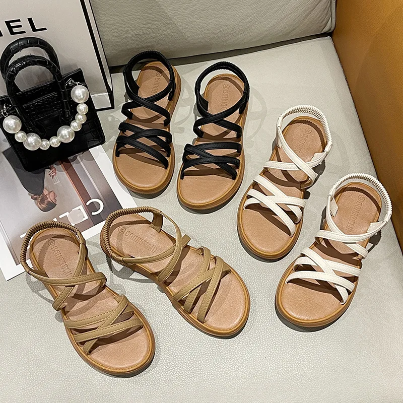 

2023 Summer Cross Barefoot Leather Flat Shoes Women's Shoes Pair with New Simple Soft Sole Casual Flat Shoes Beach Shoes