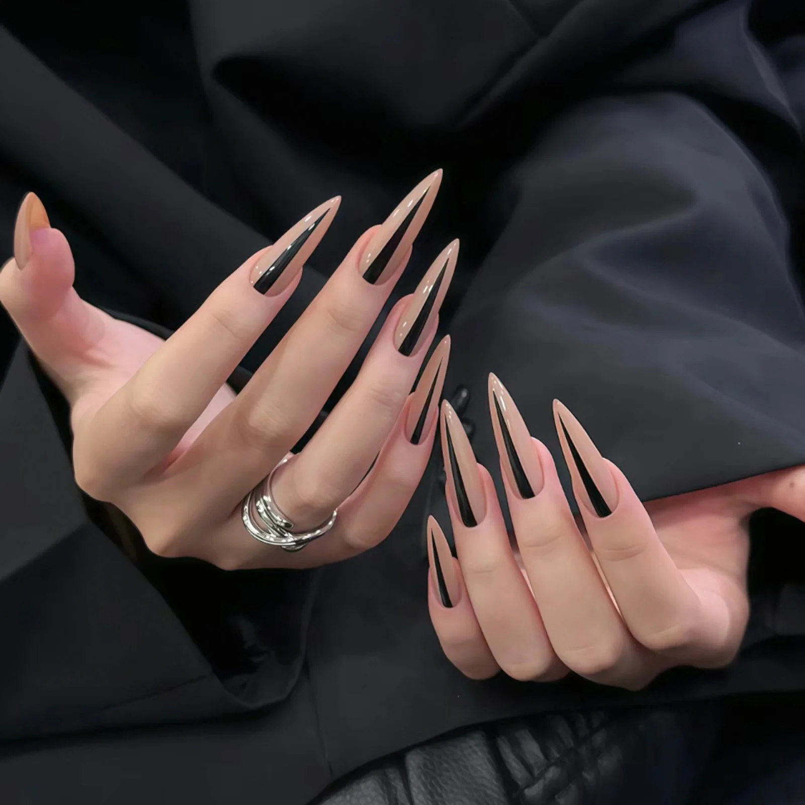 24Pcs Long Stiletto False Nails Y2K Girls Nude Color Charms Press On Nails Simple Wearable Fake Nails for Women DIY Manicure