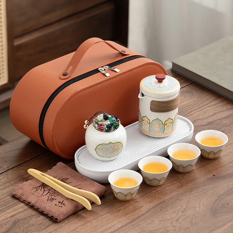matcha matchaTravel Tea Set Portable Kung Fu Tea Set Ceramic Teapot Canister Cup Outdoor Quick Cup Canister Leather