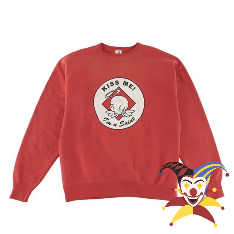 

22aw Washed Red Saint Michael KISS ME Sweatshirts Men Women Angel Baby Destroy Hoodie Crewneck