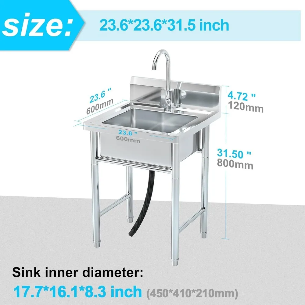 Freestanding Single Bowl Laundry Sink with Hot and Cold Water Plumbing Stainless Steel Sink 5