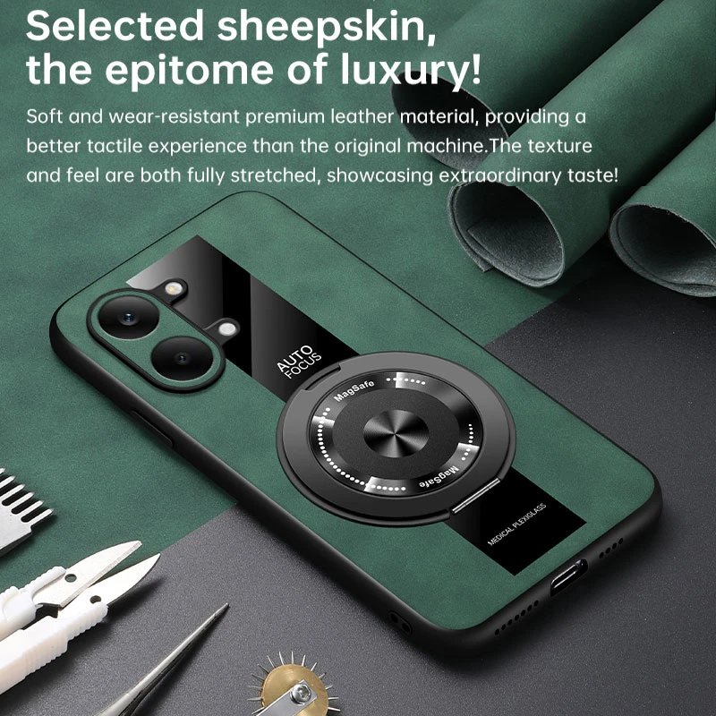 Luxury Leather Magnetic Holder Phone Case with Ring and Silicone Bumper